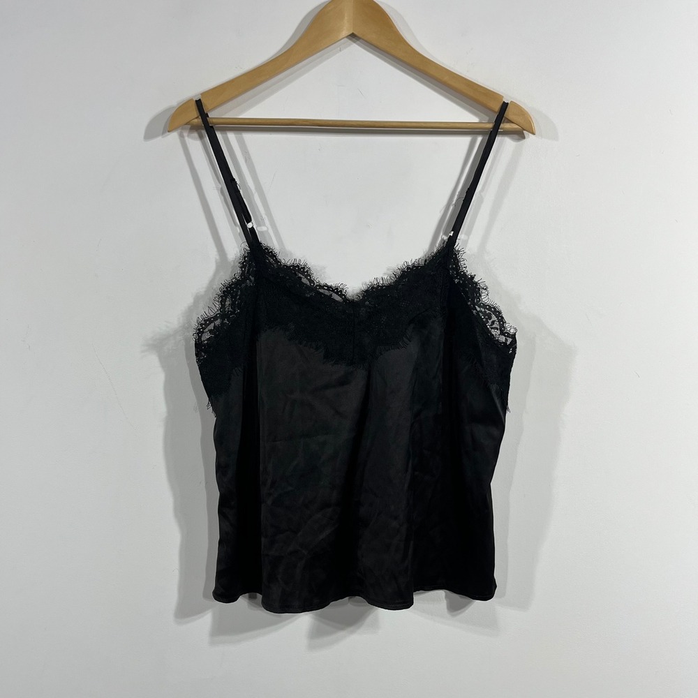 Womens VTG Y2K Black Satin Lace Trim Camisole Top Medium Dainty Fairy Grunge 90s